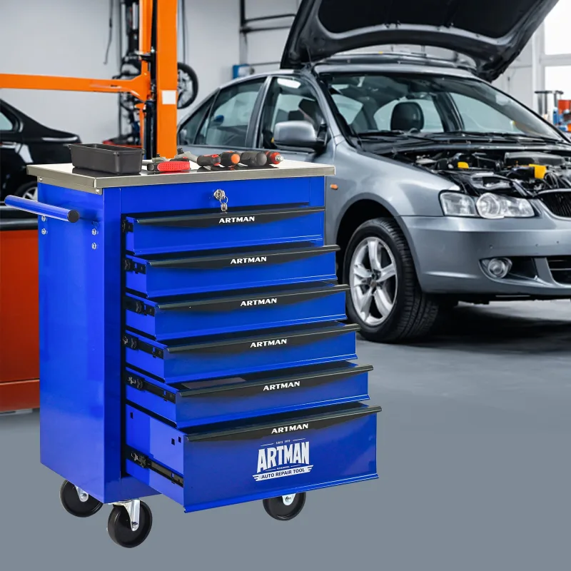 Carro de herramientas 6 cajones negro/azul, encimera inox, para taller