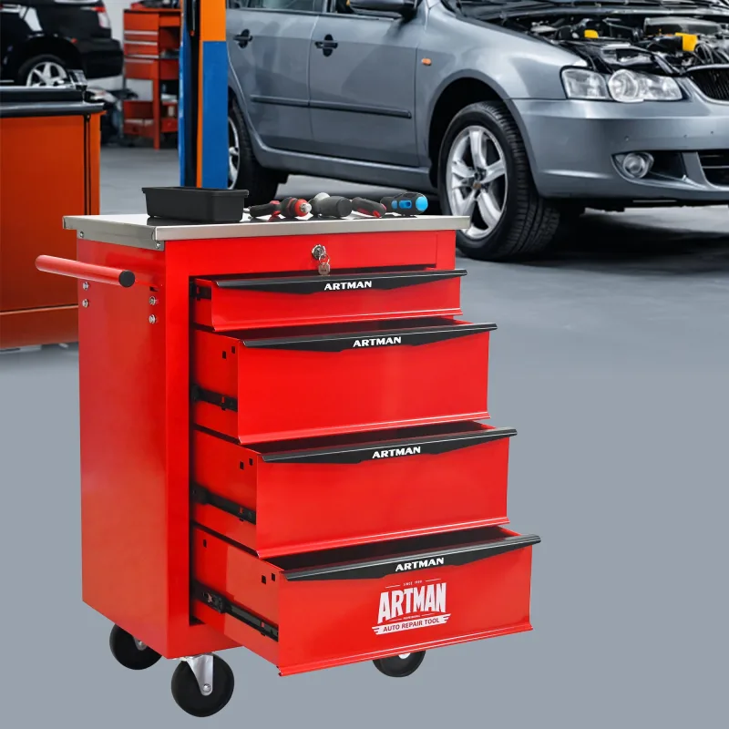 Carro de herramientas 4 cajones rojo/negro, encimera inox, para taller