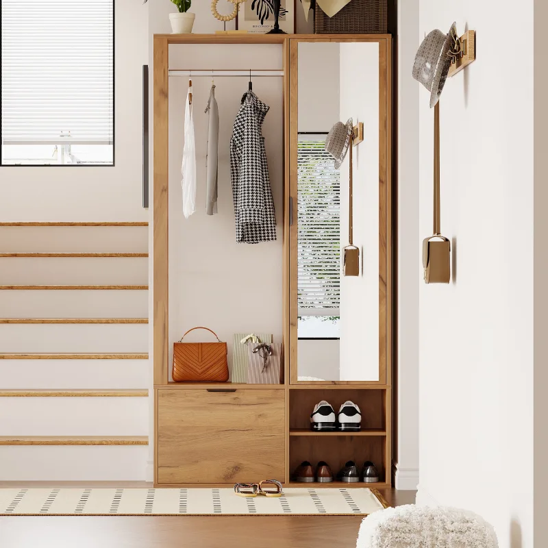 Armario de entrada 100x33x190 cm con 2 puertas, perchero, espejo y estante, color roble