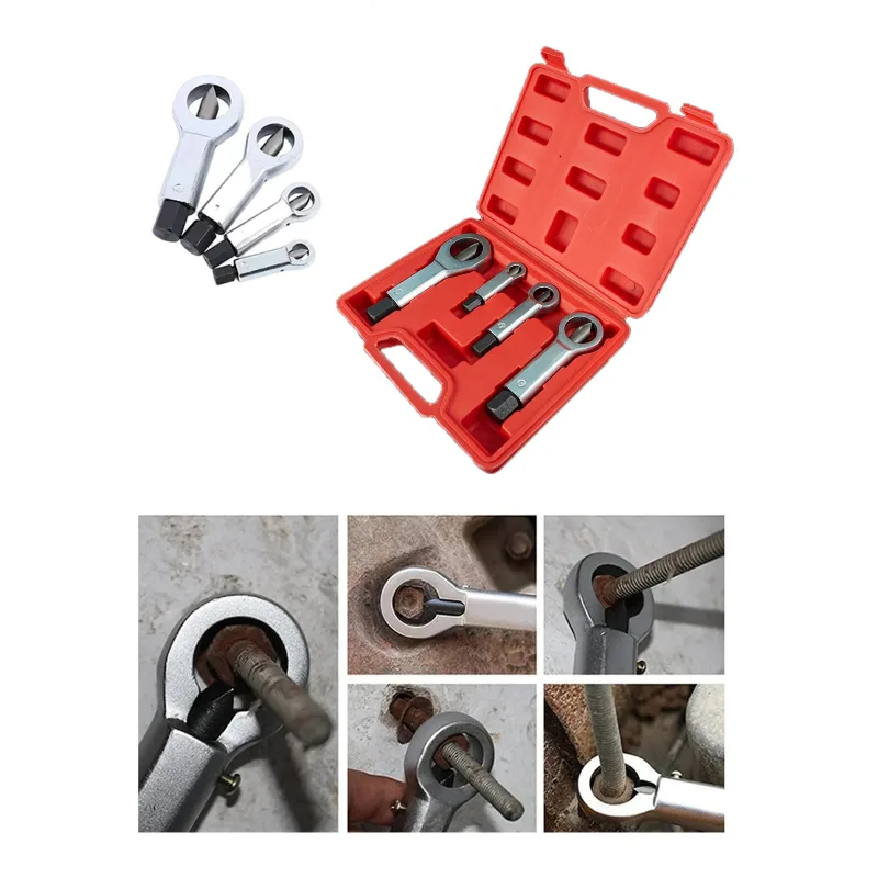 Juego de 4 herramientas para extraer tornillos, dividir tuercas y cortar tuercas, tamaños de 12 mm a 27 mm, para quitar tuercas rotas y oxidadas.