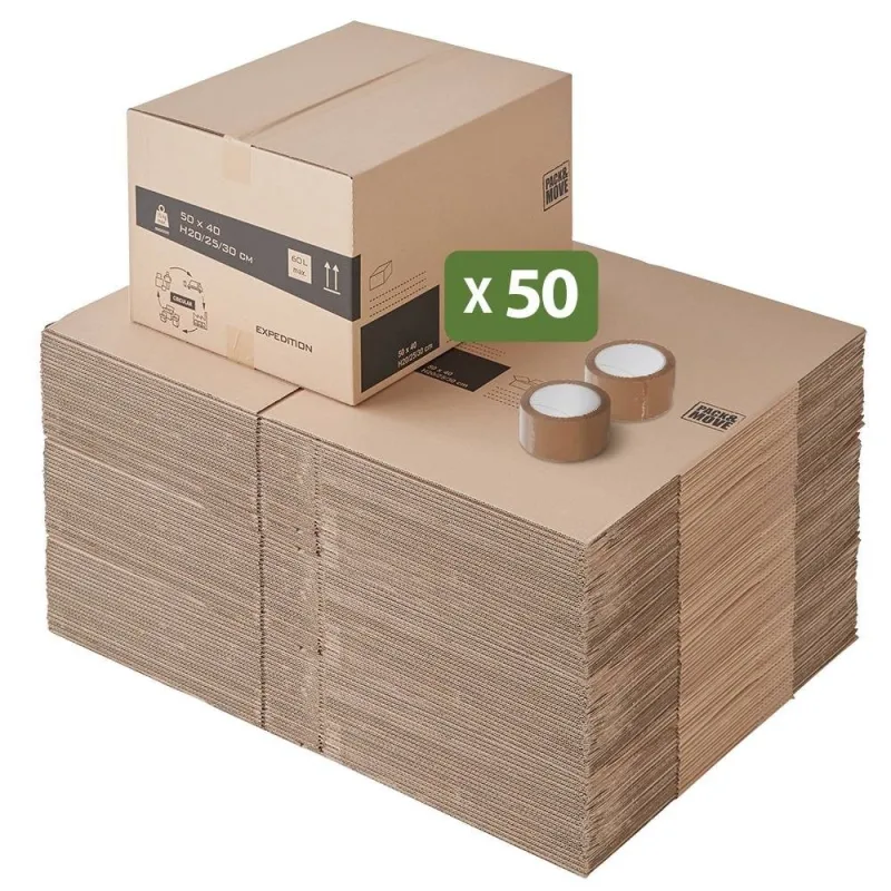 Pack and move - paquete de 50 cajas de mudanza de altura regulable - 50 x 40 x 20-30 cm - asas reforzadas - 2 tiras adhesivas de regalo