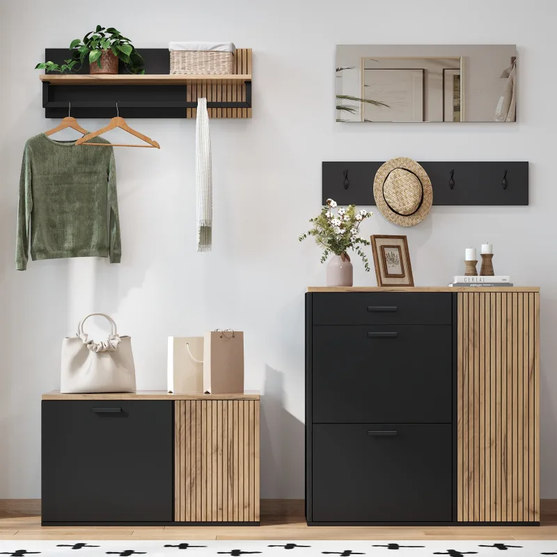 Conjunto de vestidor de entrada con 1 espejo, 1 cajón, estantes, armarios, ganchos, banco zapatero, negro y roble