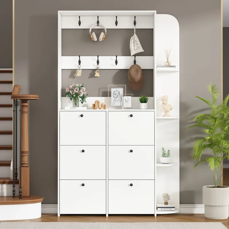 Vestidor de entrada 120 x 24 x 200 cm con 6 puertas batientes, 8 ganchos, estantes, en mdf, blanco