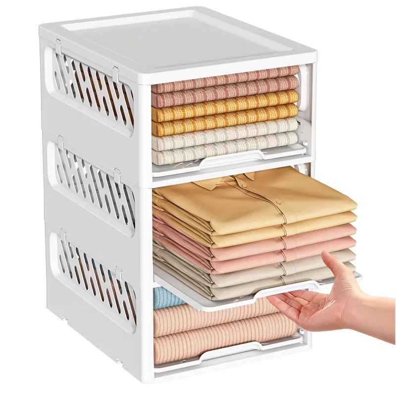 Cesta apilable multifuncional, práctica y plegable, con cajón, tres niveles [blanco] 33,5 x 43,3 x 54 cm