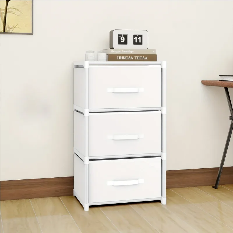 Cómoda de tres cajones para dormitorio, mueble de almacenaje con estantes de tela extraíbles, ideal para armarios y mesitas de noche.