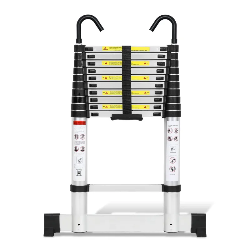 Escalera telescópica plateada premium de 3,2 m con estabilizador y ganchos