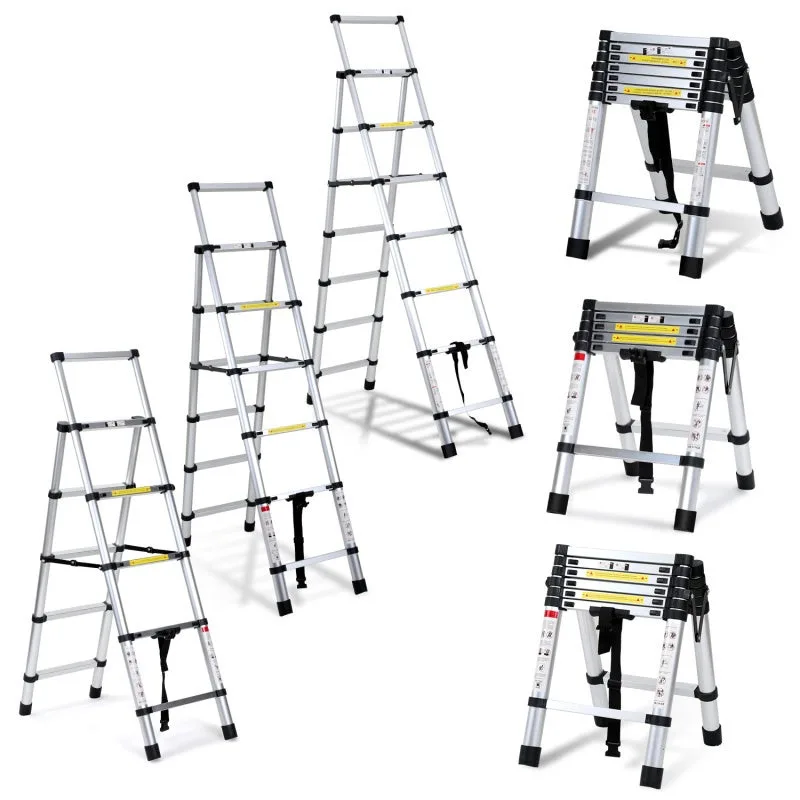 Escalera telescópica de aluminio color plata 1,7m + 2,0m, extensible, antideslizante.