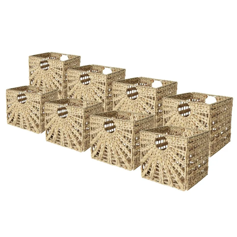 Lote de 8 cestas de junco de mar natural con motivo sol 31x31x31cm