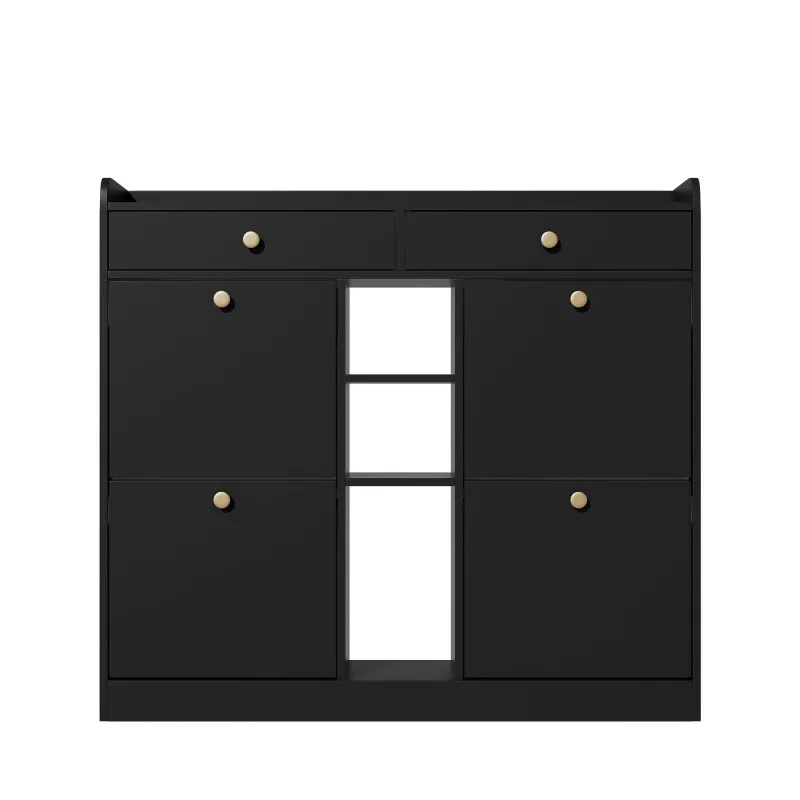 Parrot uncle armario zapatero negro con 4 puertas, 2 cajones y 3 nichos abiertos, estilo moderno, ideal para pasillos y entradas, 110x26x100 cm