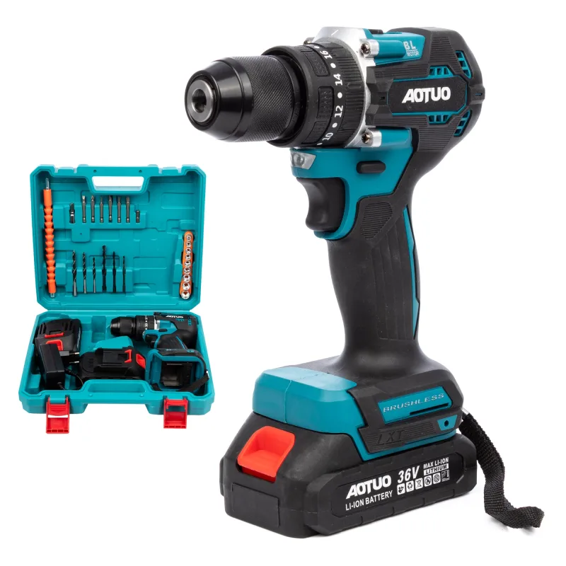 Taladro eléctrico inalámbrico 21v con doble velocidad, motor sin escobillas, maletín de transporte y 24 accesorios. 2 baterías de 6500 mah.