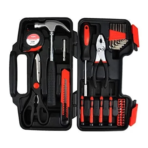 Beaface 39pcs-herramientas de reparación, con caja de almacenamiento, llave allen, puntas de destornillador, alicates y destornilladores (rojo).
