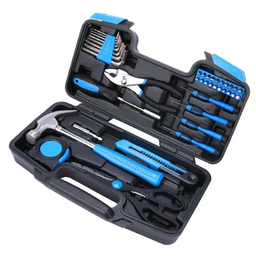 Beaface 39pcs mini kit de herramientas de reparación, llave hexagonal, martillo, puntas de destornillador, destornillador, para reparaciones (azul).