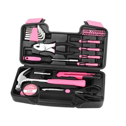 Beaface 39pcs juego de herramientas para el hogar con caja de almacenamiento: martillo, llave hexagonal, destornillador, cinta métrica, tijeras (rosa)