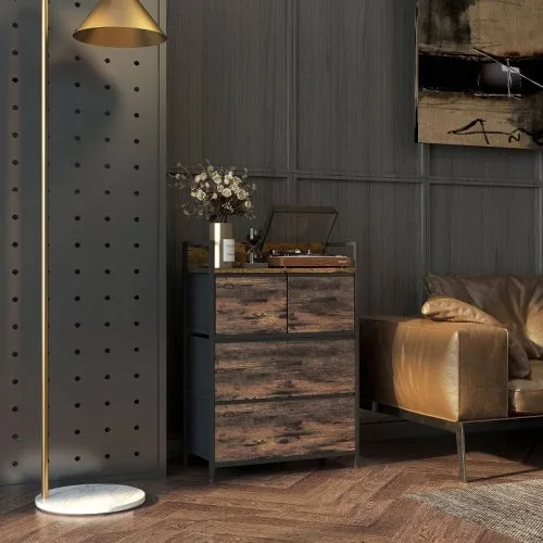 Cómoda industrial con 4 cajones de tela, estructura metálica resistente, 60x29x85 cm, color marrón y negro