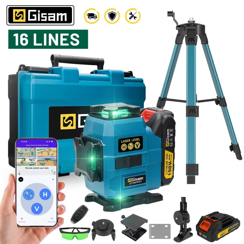 Obosoe nivel láser 4d de 16 líneas, láser profesional de 360° vertical y horizontal, haz verde ultrapotente (1 batería)