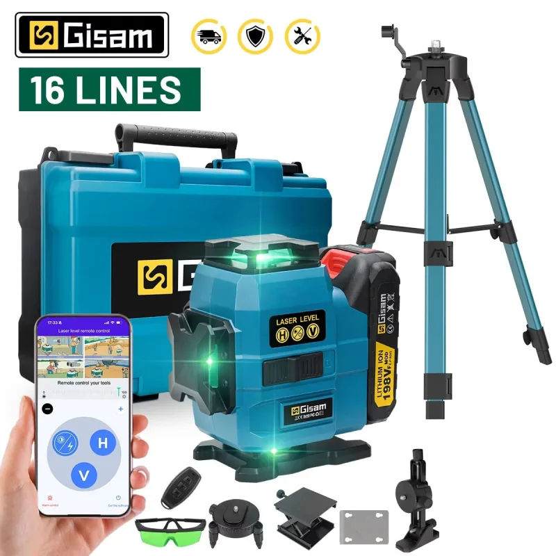 Obosoe nivel láser 4d de 16 líneas, láser profesional de 360° vertical y horizontal, haz verde ultrapotente (batería no incluida).