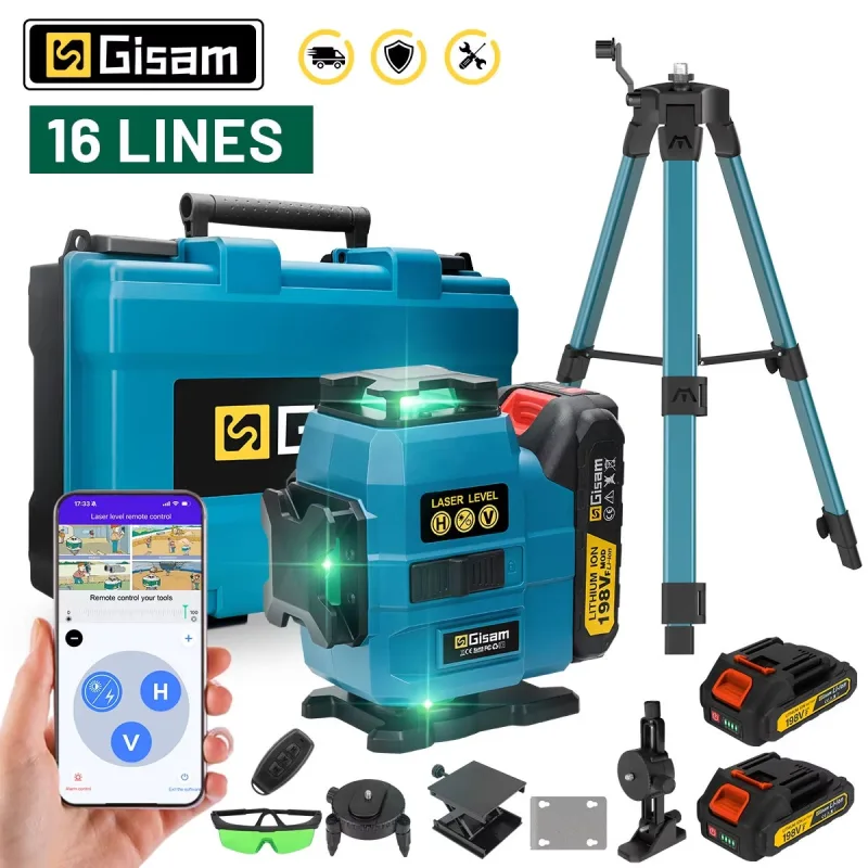 Obosoe nivel láser 4d de 16 líneas, láser profesional de 360° vertical y horizontal, compatible con baterías makita de 18 v (2 baterías).