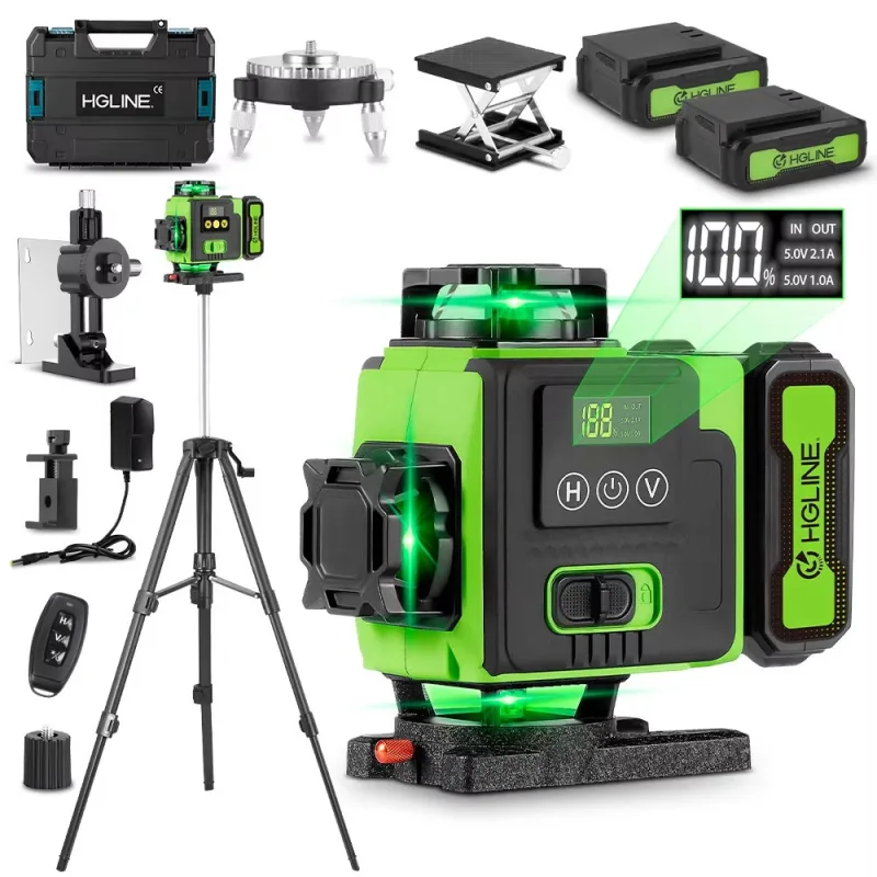 Nivel láser 4d de 16 líneas, controlable remotamente mediante aplicación, línea horizontal verde autonivelante de 360°, suministrado con trípode de 1m