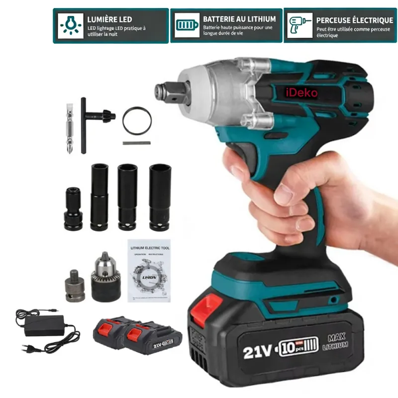 Llave de impacto inalámbrica led brushless con 2 baterías makita, 520 nm, velocidad variable 0-4000 rpm, 4 puntas