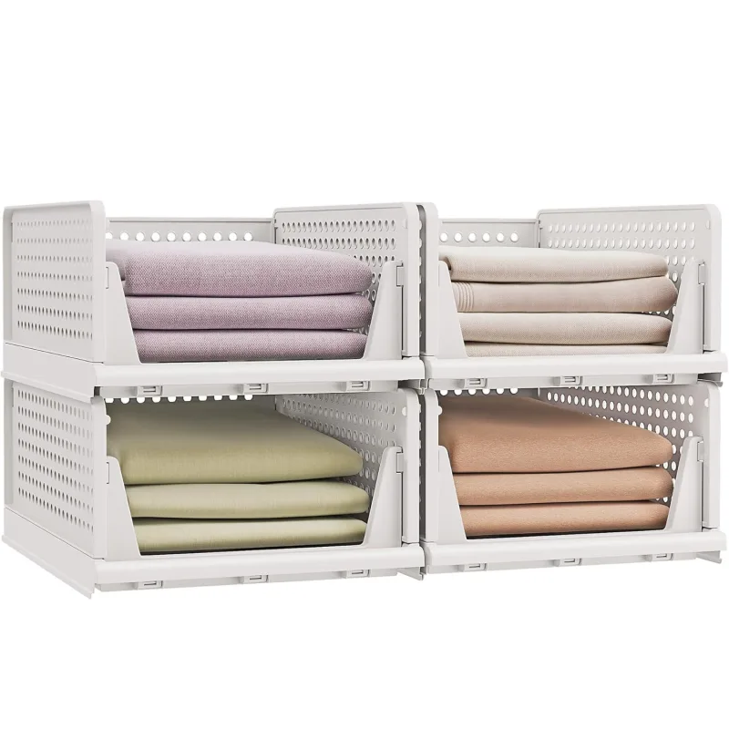 Bextcok juego de 4 estantes de almacenamiento plegables/cestas de almacenamiento apilables, adecuados para dormitorios, armarios, salas de estar baños