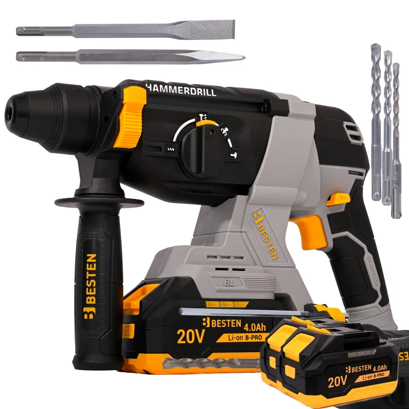 Martillo perforador a batería sds+ 20v 2j sin escobillas 2x 4,0ah con maletín besten be-2904
