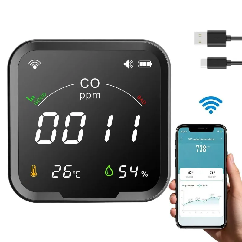 Qwinern detector de dióxido de carbono wifi, sensor de temperatura y humedad,monitor de calidad del aire,alarma de gas, adecuado para uso doméstico.