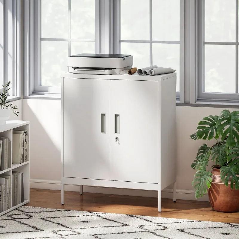 Armario metálico de 2 puertas con cerradura, mueble de oficina, estantes regulables, para oficina en casa, salón, garaje, color blanco