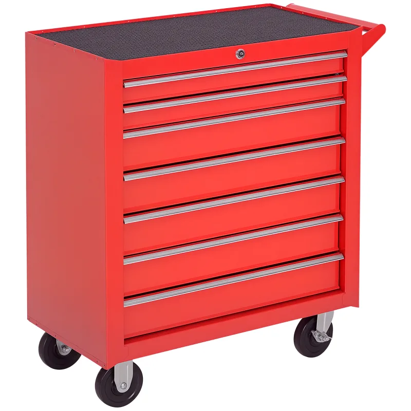 Carro de herramientas con 7 cajones y ruedas caja taller cerradura tipo mueble de almacenamiento 69x33x75cm rojo