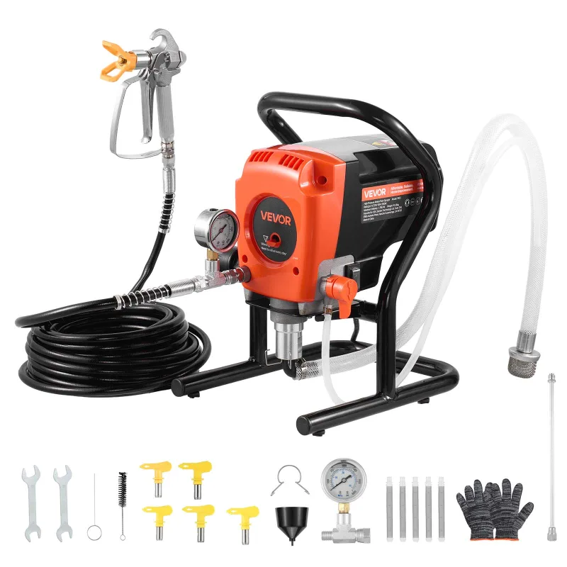 Pulverizador de pintura vevor sin aire 950w, sistema de pulverización de pintura de alta presión 3300 psi, cepillo, manguera, varilla de extensión
