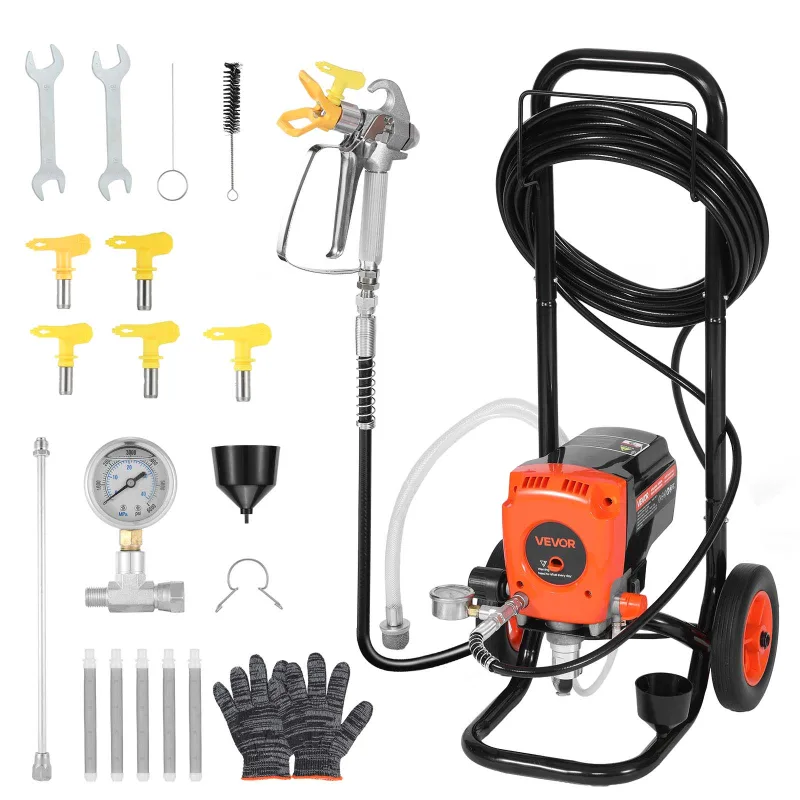 Pistola pintura vevor 950 w, sin aire, 3300 psi, con carrito, cepillo, manguera, extensión, boquillas, interior, cercas, decoración