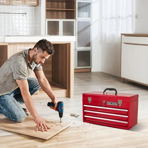 Caja de herramientas metálica 20.3 con 3 cajones, portátil, cerrable, con forro protector para taller, hogar o garaje – rojo