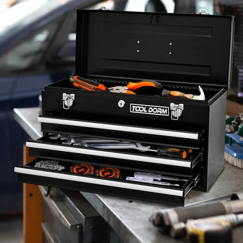 Caja de herramientas metálica 20.3 con 3 cajones, portátil, cerrable, con forro protector para taller, hogar o garaje – negro