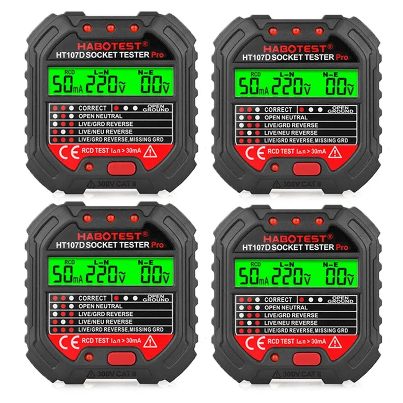 4 detectores de fallas de tomacorrientes con comprobación(rcd): visualización de voltaje y corriente de fuga, 48-250 v cat ii, ​comprobador eléctrico