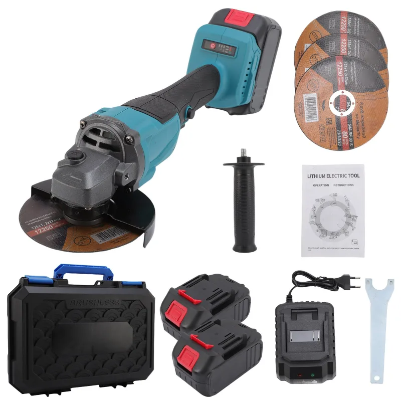 Amoladora angular eléctrica de 21 v y 125 mm, motor sin escobillas, cortadora y pulidora inalámbrica con 2 baterías de litio