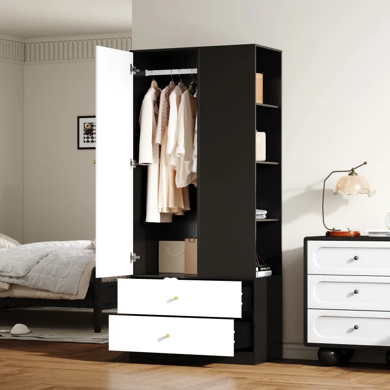 Armario moderno con espejo, 1 puerta, 2 cajones y 4 estantes - 80 x 40 x 180 cm - tablero de partículas - blanco + negro
