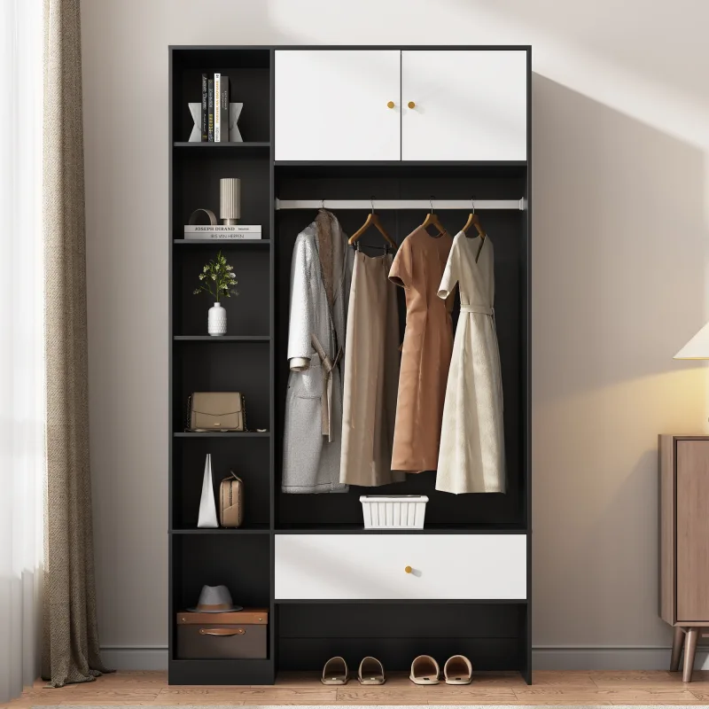 Armario con 1 barra, 2 puertas, 1 cajón y 6 compartimentos - 105 x 40 x 185 cm - tablero de partículas - blanco + negro