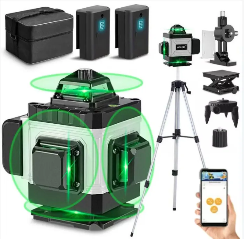 Qwinern nivel láser 4d de 16 líneas, 360° horizontal/vertical, incluye trípode, control remoto,ip54,2 baterías de 3000 ma, herramientas de medición.