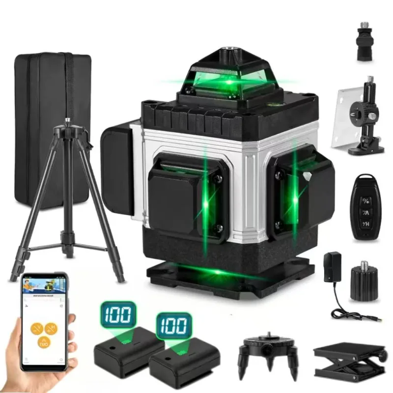 Moorle nivel láser de 16 líneas con trípode,nivelación automática de 360°, herramienta de medición adecuada para la renovación del hogar, 2 baterías.