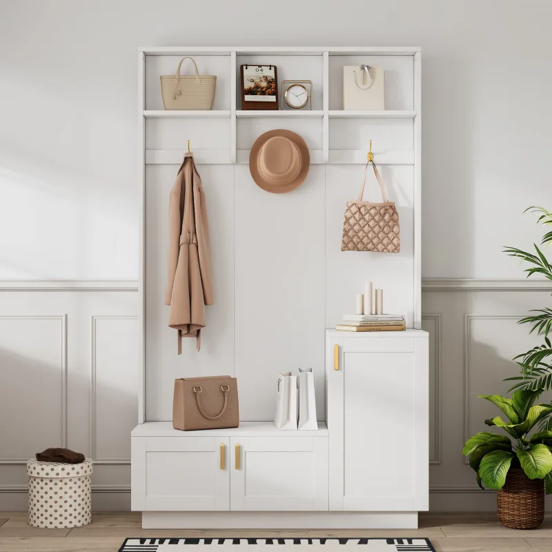Mueble de recibidor - mueble de entrada con banco y 3 puertas, perchero con ganchos y estante, mdf + metal, 120x40x200 cm - blanco