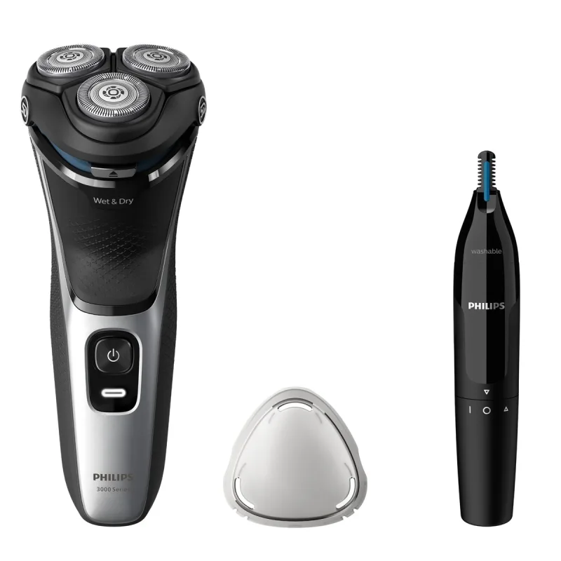 Philips - Afeitadora eléctrica Philips Serie 3000, 60 min autonomía, máquina de afeitar hombre en seco y mojado, con naricero.
