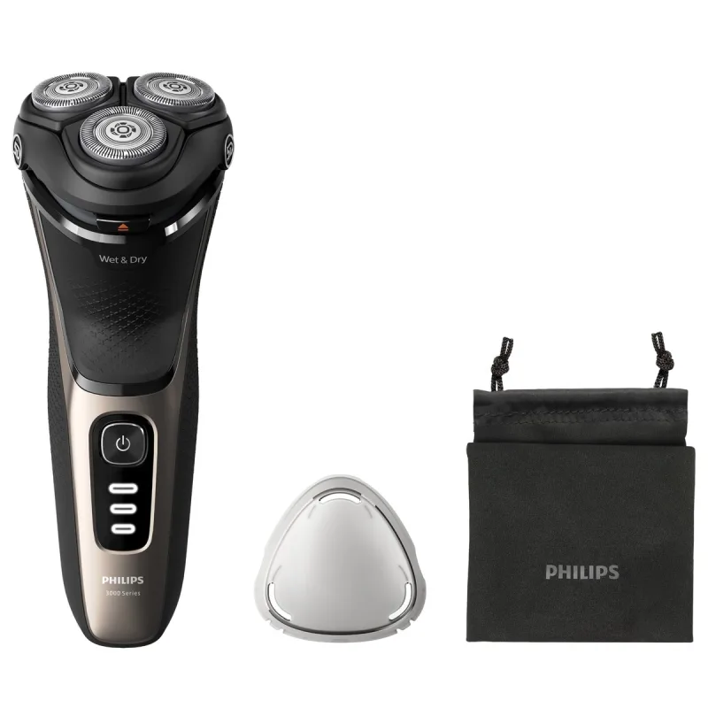 Philips - Afeitadora eléctrica Philips Serie 3000, 60 min autonomía, máquina de afeitar hombre en seco y mojado, tapa protectora y funda.
