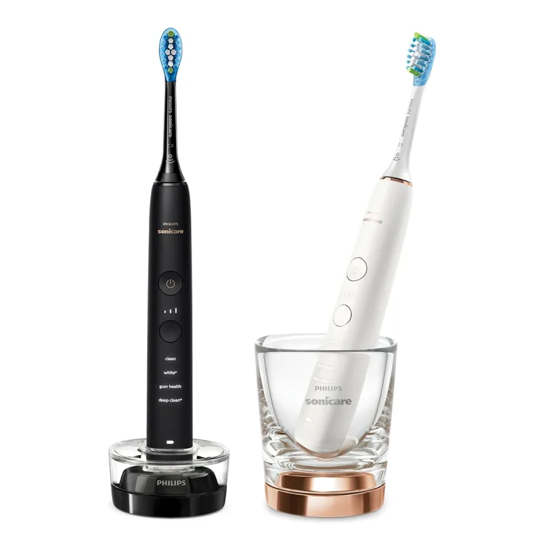 Philips - Pack 2 cepillos de dientes eléctricos Philips Sonicare DiamondClean 9000, tecnología sónica, sensor de presión, 4 modos, 2 intensidades, conectado.