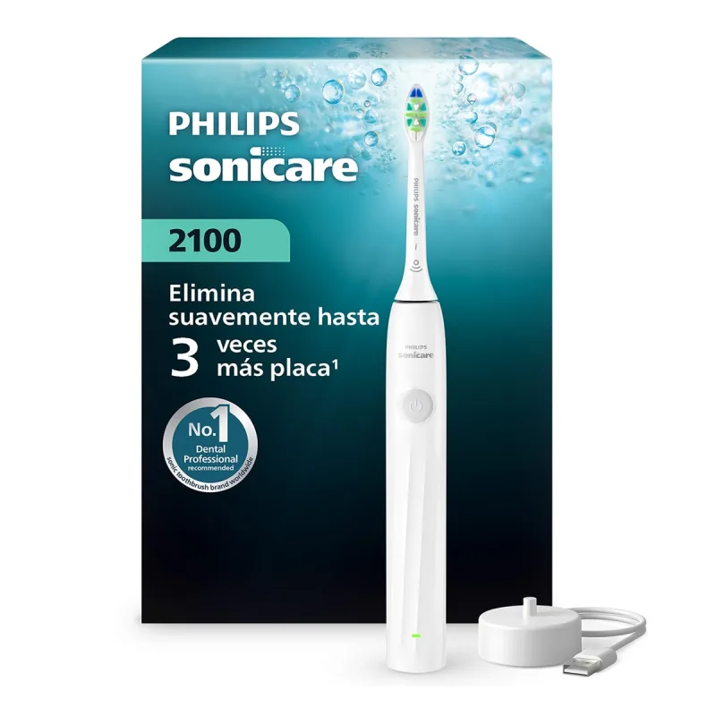 Philips - Cepillo de dientes eléctrico Philips Sonicare 2100, tecnología sónica, 2 intensidades, batería 14 días.