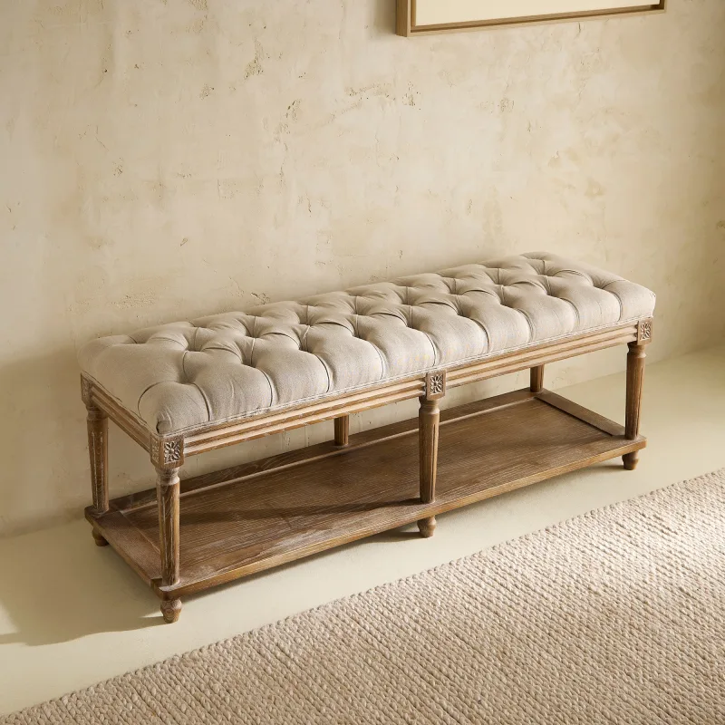 El Corte Inglés - Banco de madera de roble tapizado capitoné en lino Provenza.