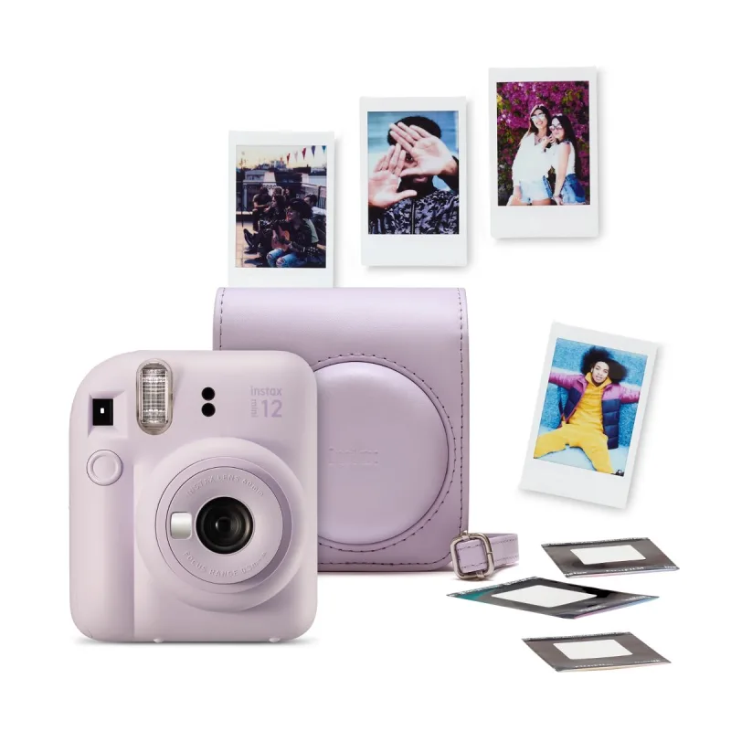 Fujifilm - Kit de Cámara instantánea Fujifilm instax mini 12 con funda, carga 10 fotos y 50 adhesivos de doble cara.