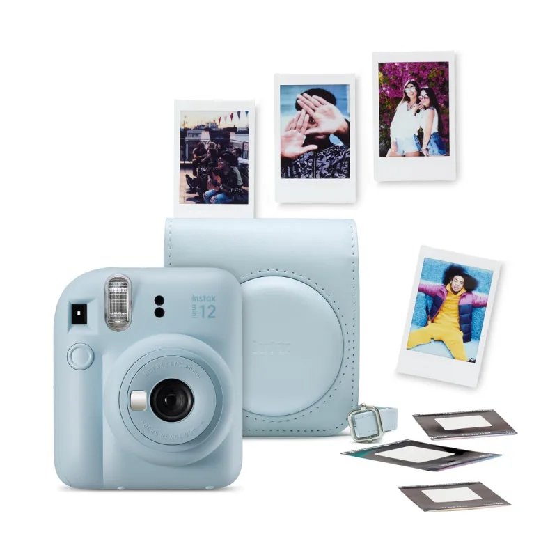 Fujifilm - Kit de Cámara instantánea Fujifilm instax mini 12 con funda, carga 10 fotos y 50 adhesivos de doble cara.