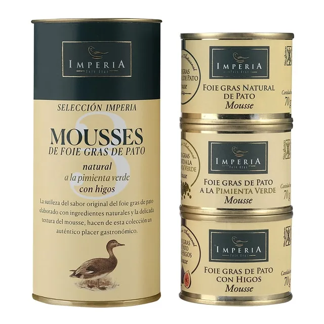 Imperia - Estuche con 3 variedades de foie gras - mousse de pato natural, a la pimienta verde y de higos Imperia.