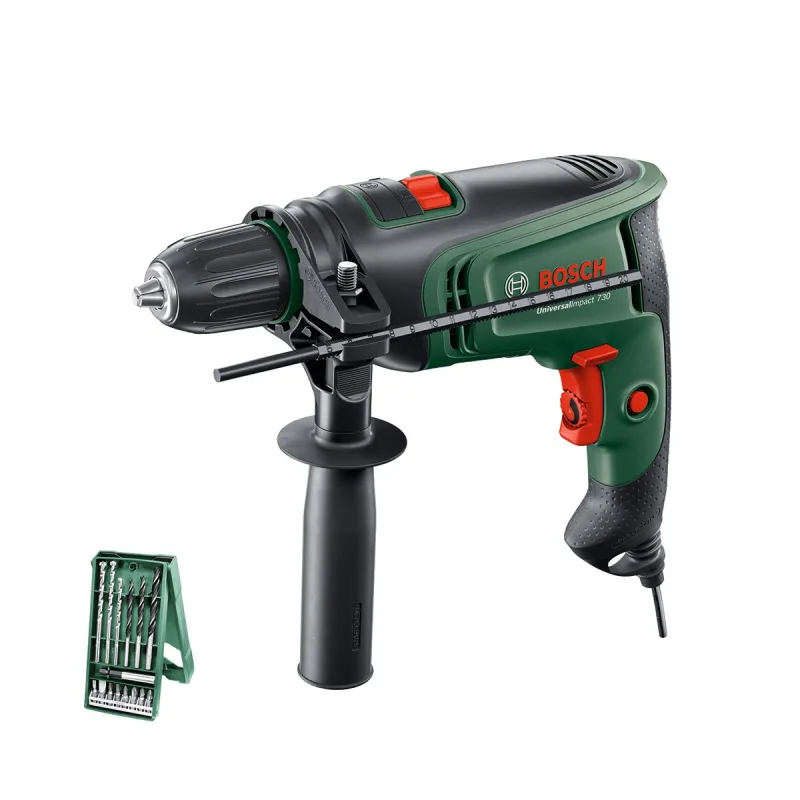 Bosch - Taladro Percutor Eléctrico con cable a red Universal Impact 730 W + Juego Accesorios 15 pzs X-Line.