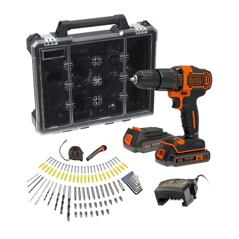 BLACK+DECKER - Taladro Percutor a Batería 18 V BDCHD18D2AB-QW 2 baterías + maletín + accesorios.
