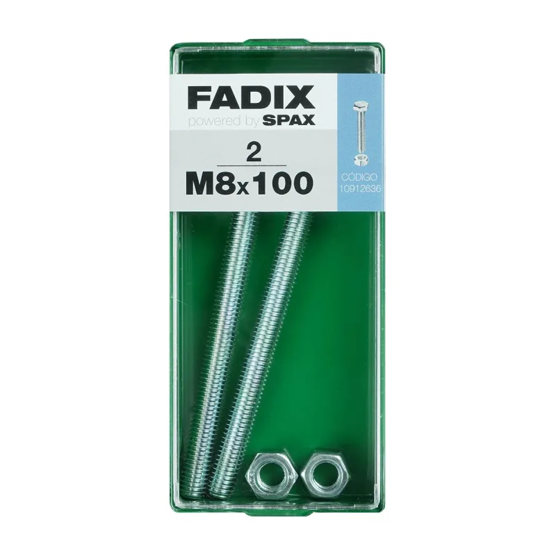 FADIX - Tornillo Cabeza Hexagonal + Tuerca M8 x 100 mm - Caja 2 Uds.